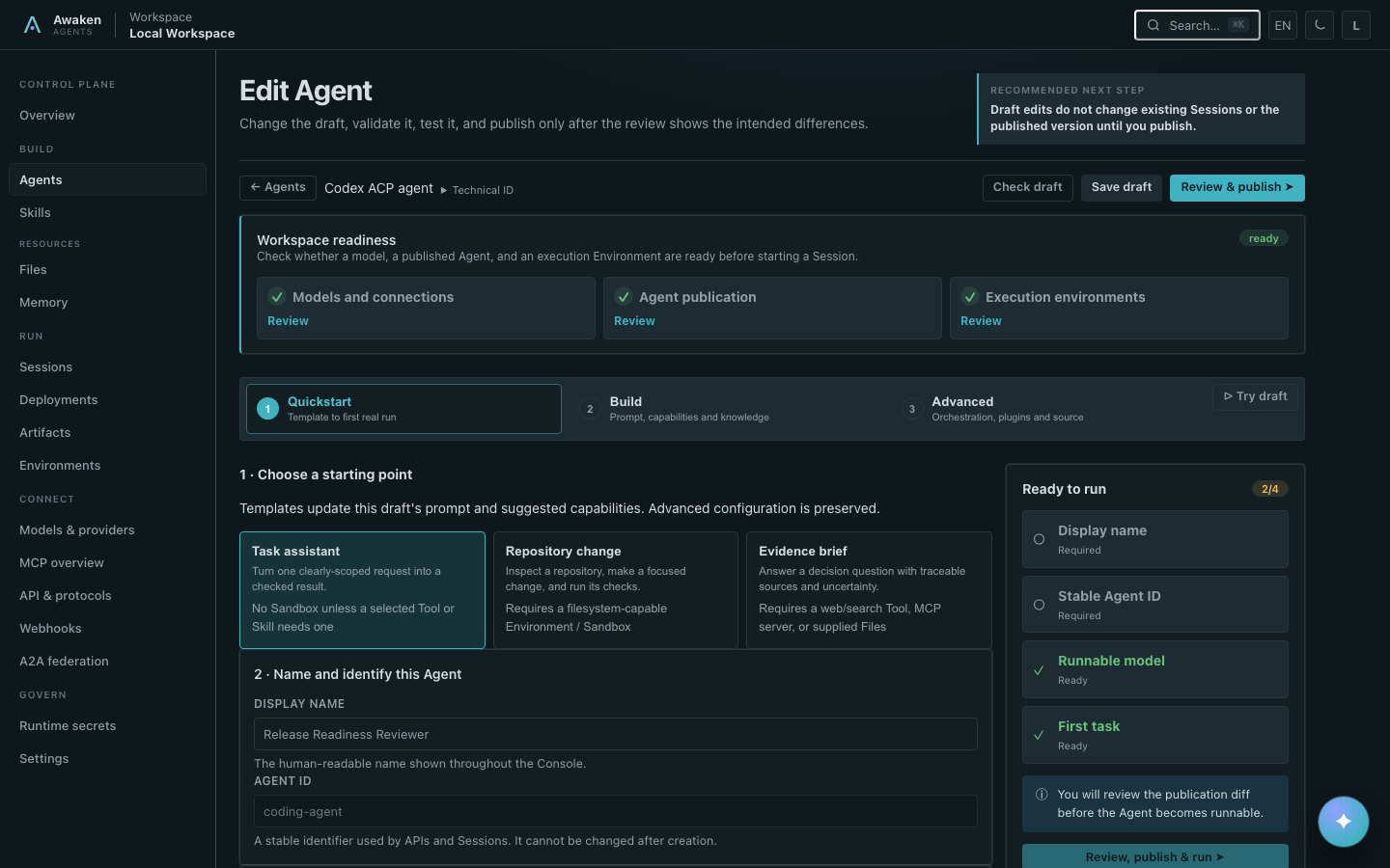 Awaken Agent editor with quickstart, draft checks, and publication controls