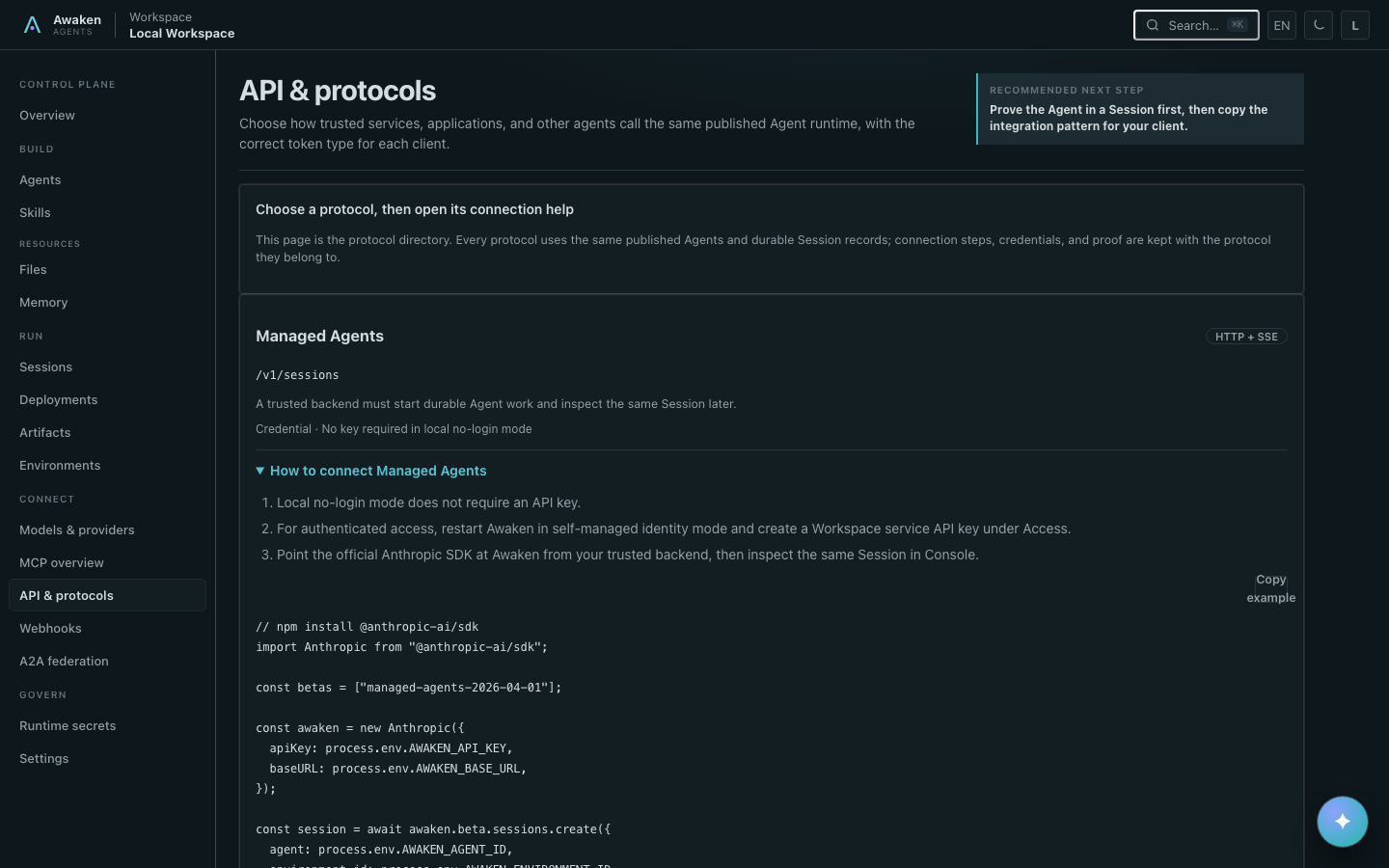 Awaken API and protocols directory with Managed Agents connection help