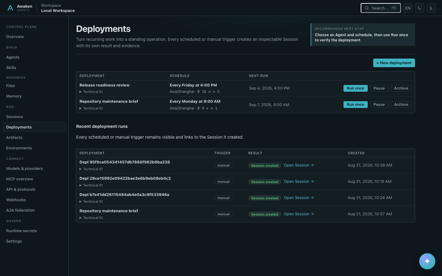 Awaken Deployments page showing schedules, manual runs, and result Sessions