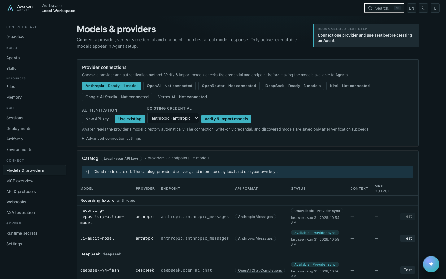 Awaken model provider connection and discovered model catalog