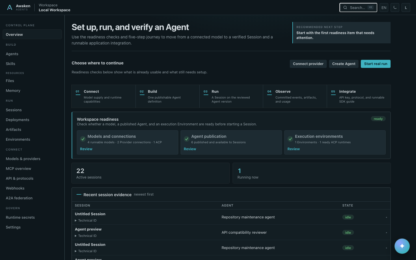 Awaken Console overview showing provider, Agent, Environment, Session, and integration readiness